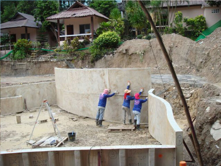 Resort pool with waterfall, L Resort, under construction